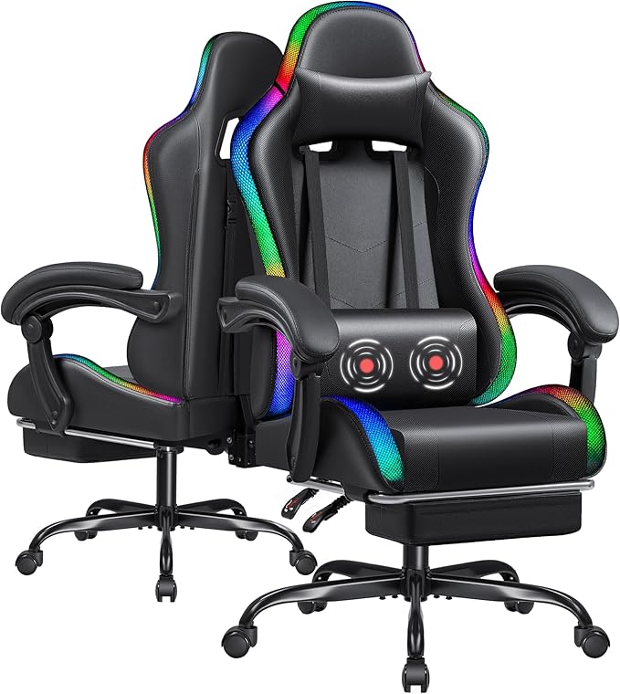 Furmax Gaming Chair with RGB LED Lights Video Game Chair with Footrest and Massage Lumbar Support High Back Reclining Computer Chair with Headrest Swivel Seat Gamer Chair (LED Black)