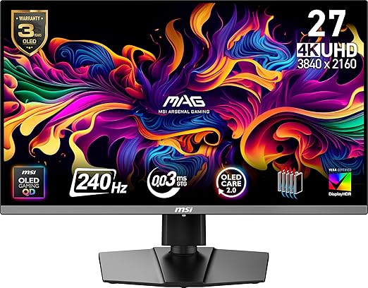 msi MAG 272UP QD-OLED X24 26.5-inch 3840 x 2160 (UHD) Gaming Monitor 240Hz AMD Adaptive-Sync HDR Ready HDMI VGA Port VESA Mountable Tilt 4-Side Slim Bezel 0.03ms Black