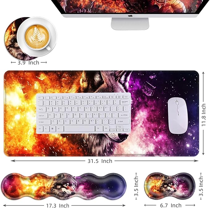 Mouse PadLarge Desk Mat Set 4in1 XL Mousepad + Keyboard Wrist Rest+Mouse Wrist Rest+Coaster with Ergonomic Desk Pad for Home Office Table Computer Cover -Cosmic Wolf Purple Nebula