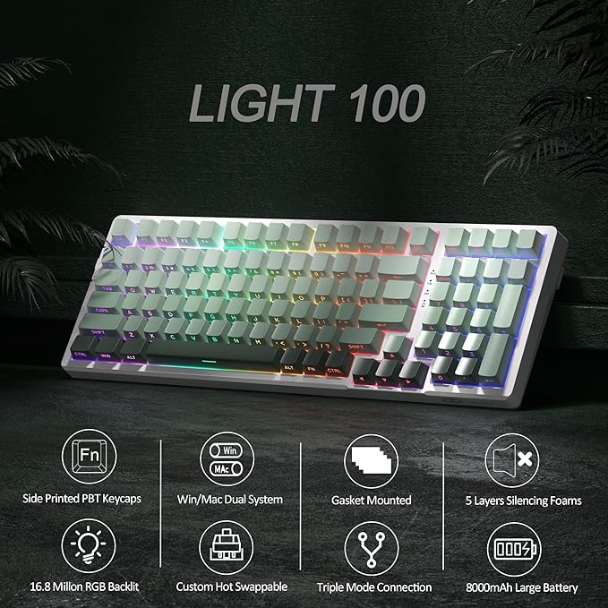 MageGee LIGHT100 Wireless Creamy Keyboard Gasket Structure Hot Swappable 2.4G/USB-C/BT5.0 RGB Backlit Mechanical Gaming Keyboard for Win/Mac/PC 8000mAh Battery Side Printed PBT Keycap Green