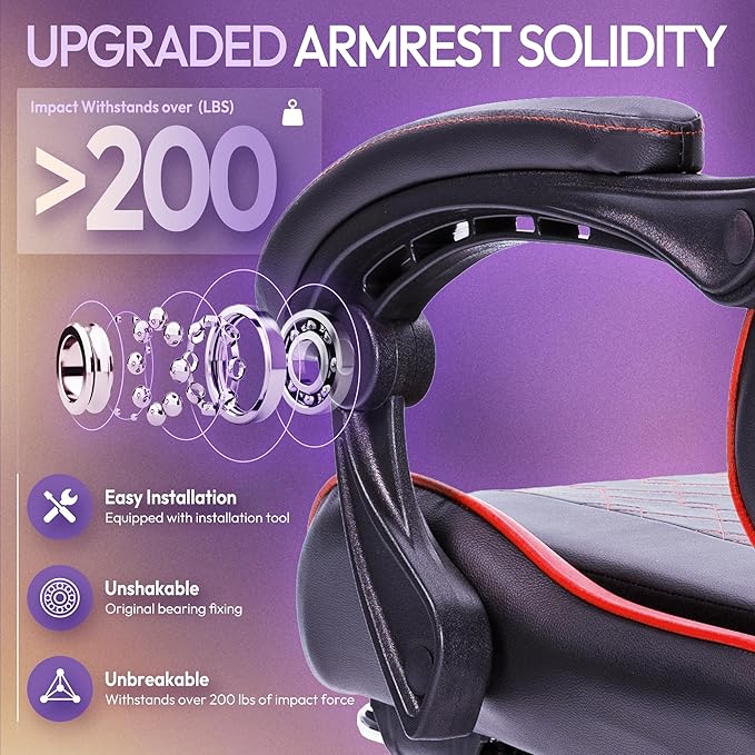 Dowinx Gaming Chair with Massage Lumbar Support and Footrest Video Game Chair for Adults Adjustable Ergonomic Gamer Chairs High Back with Pocket Spring Cushion Swivel Recliner Black and Red