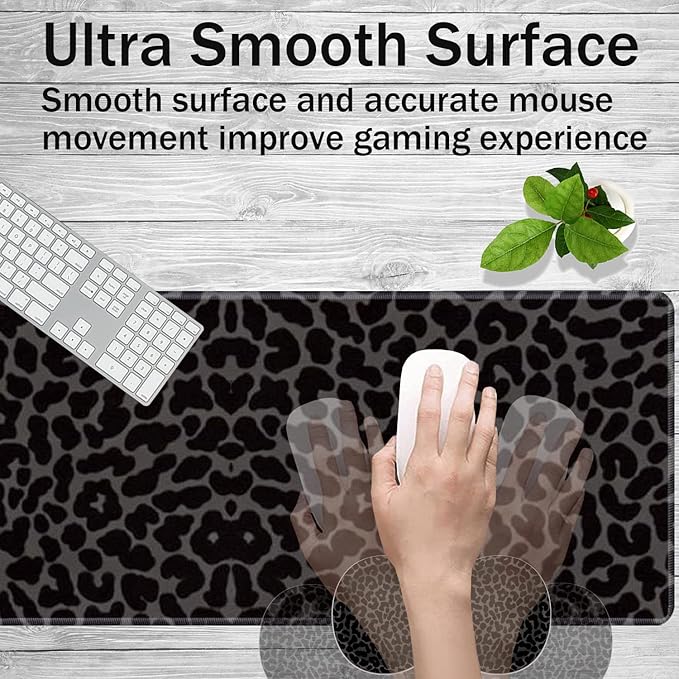 Large Game Mouse Pad + Wrist Support Pad + Coffee Coaster Black Leopard Print Foldable Table Mat with Stitched Edge Non-Slip Set Pad Suitable for Office Work and Home