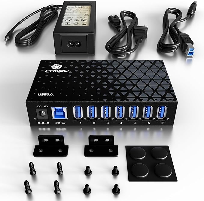 7 Port USB 3.0 Hub - Powered USB Hub –Multiple USB Splitter with Built-in 12V/3A/36W Power Adapter - Up to 5Gbps Sync &amp High-Speed Data Transfer - Mounting Brackets for Phone MB Laptop Tablet PC