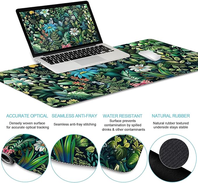 Floral Mouse Pad Large Desk Mat Set Green Ergonomic Mouse Pad with Wrist Rest Keyboard Wrist Support XXL Mousepad Cup Coaster Set Cute Green Office Desk Accessories Decor Supplies