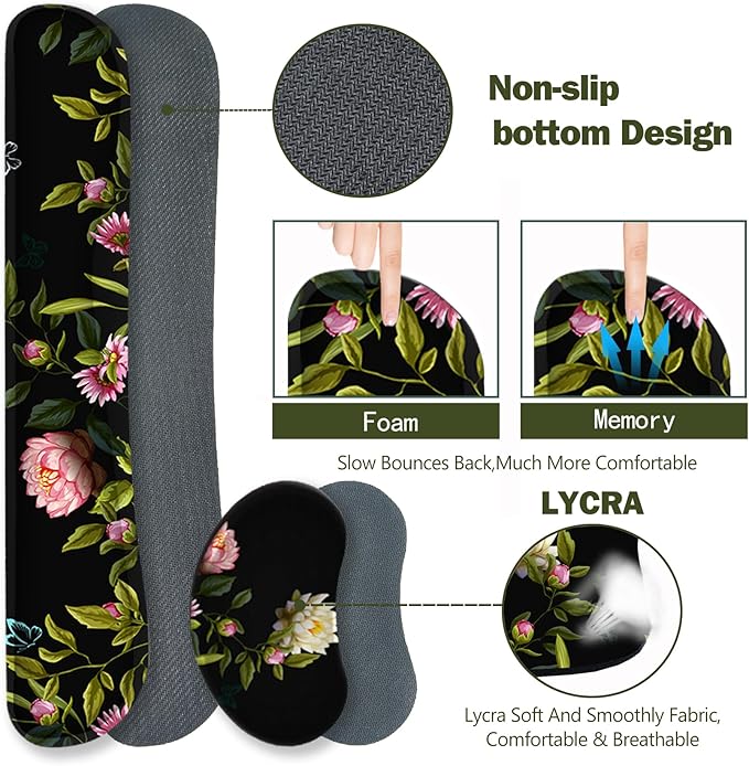 ARTSO Gaming Mouse Pad Wrist Support Set XXL Large Desk Mat Mousepad + Keyboard Wrist Support+ Mouse Wrist Rest+Coaster 4in1 Ergonomic Stitched Edge for Home Office -Flowers and Butterflies