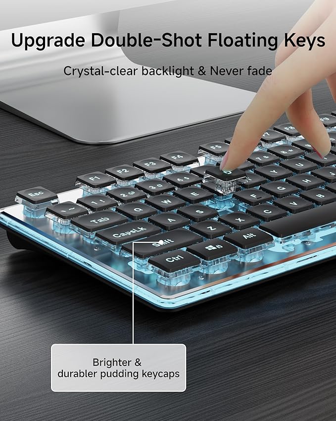 EWEADN V3 Wireless Keyboard and Mouse with Blue Backlit Metal Panel Bluetooth/2.4G Rechargeable Computer Keyboard and Mouse Combo Silent Lighted Full Size Cordless Keyboards-Black