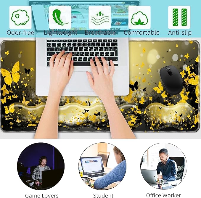 Keyboard Wrist Rest+Mouse Wrist Pad+Desk Pad SetMemory Foam Ergonomic Easy Typing Pain Relief for Computer Laptop Office Home - Flowers and Butterflies