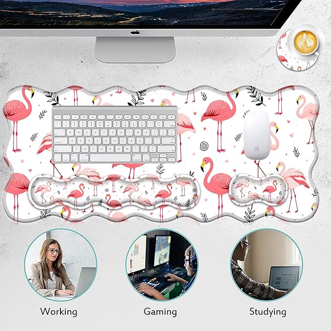 4 in 1 Desk Mat SetMouse Pad with Keyboard Wrist RestWave-Shaped DesignNon-Slip Rubber BaseWaterprooffor HomeOfficeGamingCute Flamingo