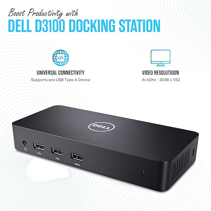 Dell D3100 Dock USB 3.0 Ultra HD/4K Triple Display Docking Station Dual Monitor with 65W HDMI &amp USB 3.0 Cable