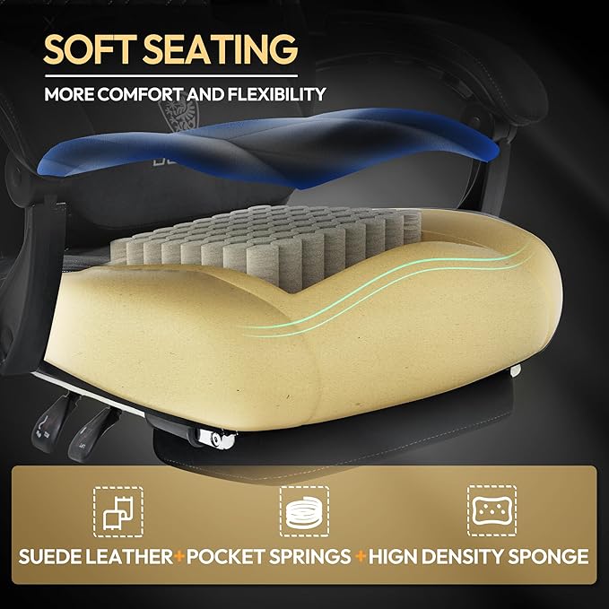 Dowinx Gaming Chair with Heated Massage Lumbar SupportBig and Tall Fabric Gaming Chairs for Adults with Footrest Ergonomic Computer Game Chair with Poket Spring Cushions 350lbs Black and White