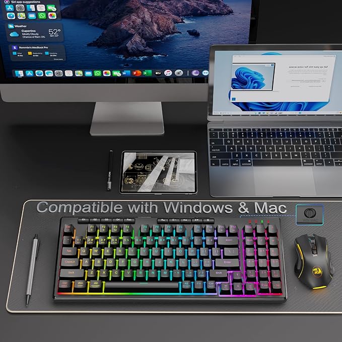 Redragon K517 Pro Wireless Gaming Keyboard RGB Backlit Tri-Mode BT/2.4GHz/USB-C Mechanical Feel 94 Keys Computer Keyboard with 4 Macro Keys Number Pad 4000mAh Battery for Win/MAC