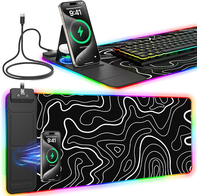 RGB Mouse Pad with Foldable Phone Stand &amp Wireless Charger 31.5x11.8 XL Gaming Mousepad Large Desk Mat Desk Pad with Dual Charging for Phone &amp AirPods | 11 Colors &amp 5 Modes | Waterproo