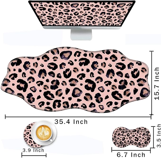 Mouse Pad with Wrist Support + Desk Mat + Coaster 3 in 1 Set XXL Large Gaming Mousepad Ergonomic Mouse Pads for Desk Computer Laptop OfficeCute Leopard