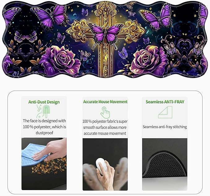 3-Piece Ergonomic Desk Mat &amp Cloud Wrist Rest Set Large 31.5 x 11.8 Wave Office Desk Pad with Memory Foam Support Non-Slip Computer Protector for Home Gaming Purple Butterfly Cross