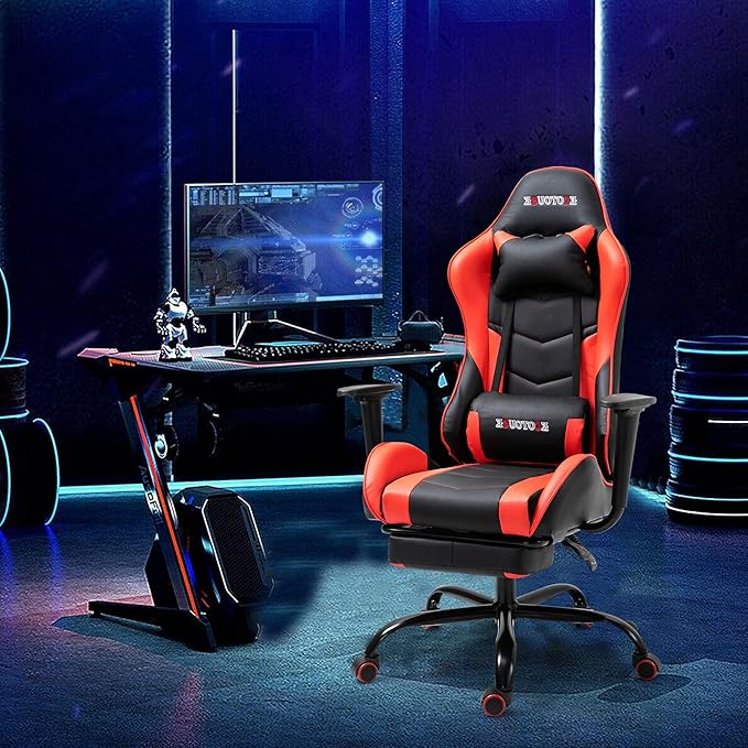 ECOTOUGE PC Massage Gaming Chair with Footrest Ergonomic Office Desk Chair Adjustable Massage Lumbar Cushion and Headrest Red