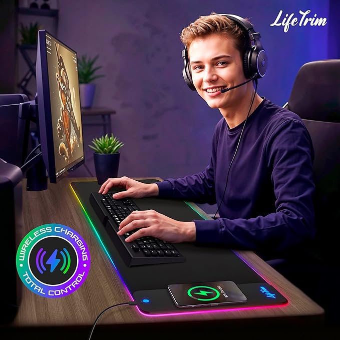 Wireless Charger LED Mousepad 35.5 x 12 Inch RGB Gaming Mouse Pad 10 Light Modes 4mm Thick Large Desk Pad Wireless Charging Cool Mouse Pad for PC Accessories &amp Gaming Gifts
