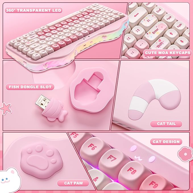 YUNZII C75 Wireless Mechanical Keyboard75% Layout Hot-Swappable NKROBT5.0/2.4G/USB-C ModeDye-Sub PBT MOA KeycapsRGB Gasket MountCute Cake Design for Mac/Win/Gaming (Pink Milk V2 Switch)
