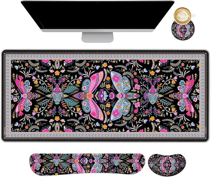 ARTSO Black Desk Mat Set Extended Gaming Mouse Pad with Wrist Rest Support +Keyboard Wrist Rest +Coaster Large Cute Butterfly Mousepad Colorful Butterfly