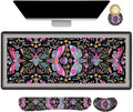 ARTSO Black Desk Mat Set Extended Gaming Mouse Pad with Wrist Rest Support +Keyboard Wrist Rest +Coaster Large Cute Butterfly Mousepad Colorful Butterfly