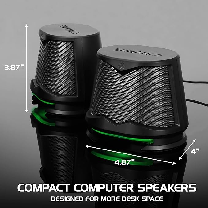 ENHANCE SB2 USB Computer Speakers 2.0 Stereo with Green LED Lighting 10W Peak High Excursion Drivers 3.5 mm Aux in Line Volume and Light Switch PC Laptop Desktop