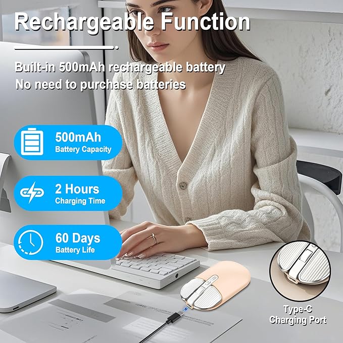 Wireless Mouse Bluetooth Cute Ultra Slim Silent Computer Mice with USB Receiver Dual-Mode 2.4G &amp Bluetooth Rechargeable Portable USB Cordless Mouse for Laptop PC Tablet Kids Adults Gift Milk Tea