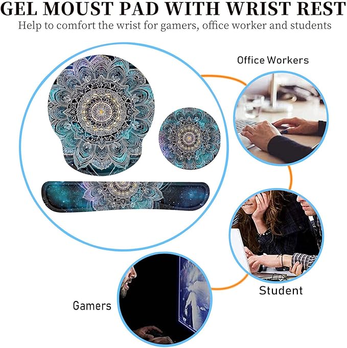 Keyboard Wrist Rest and Mouse Pad Wrist Support Set with CoastersErgonomic Gaming Mousepad for Home Office Working Studying Easy Typing &amp Pain ReliefMandala in Galaxy