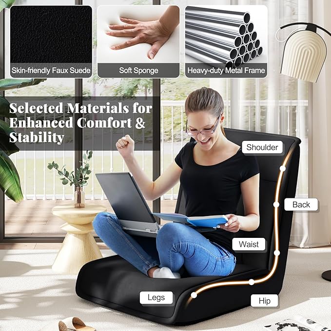COSTWAY Folding Floor Chair Convertible Lazy Sofa with 14-Poistion Adjustable Backrest 5-Position Adjustable Headrest Cushioned Floor Gaming Chair for Adults Reading Meditating (Black)
