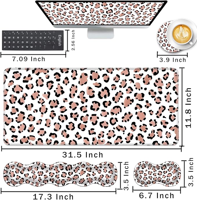 Keyboard Wrist Rest and Mouse Pad with Wrist Support Set Ergonomic CoasterMemory FoamEasy Typing Pain ReliefLarge XL Desk Mat 31.5x 11.8Leopard Print