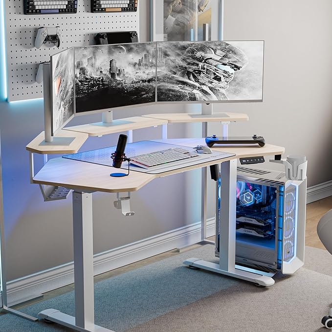EUREKA ERGONOMIC Aero 55 Inch W Shaped Electric Standing Desk Height Adjustable Computer Gaming Desk with LED Monitor Shelf Mouse Pad Headphone Hook Cup Holder Natural Maple