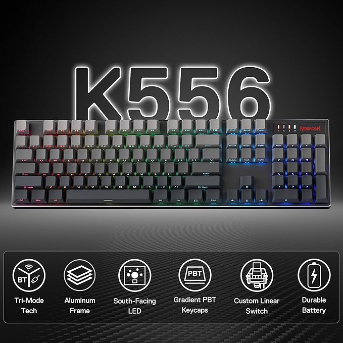 Redragon K556 PRO 104 Keys Wireless RGB Gaming Keyboard Tri-Mode Aluminum Mechanical Keyboard w/Noise Dampening Layers Hot-Swap South-Facing RGB Socket Gradient PBT Keycaps &amp Custom Linear Swit