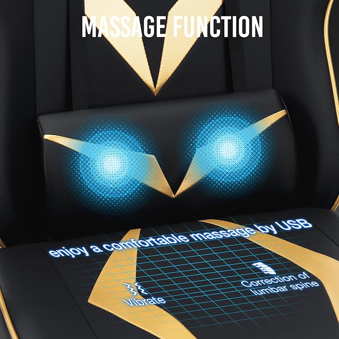 HOFFREE Massage Gaming Chair with Pocket Spring Cushion 155° Reclining Computer Gamer Chair with Footrest and Adjustable Armrests Ergonomic Video Game Chairs Gold and Black