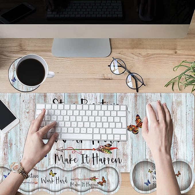 Large Gaming Mouse Pad+Keyboard Wrist Rest+Mouse Wrist Rest+Coaster Easy Typing Pain Relief 31.5 × 11.8 inch Desk Mat for Home Office Stay Positive Work Hard and Make It Happen