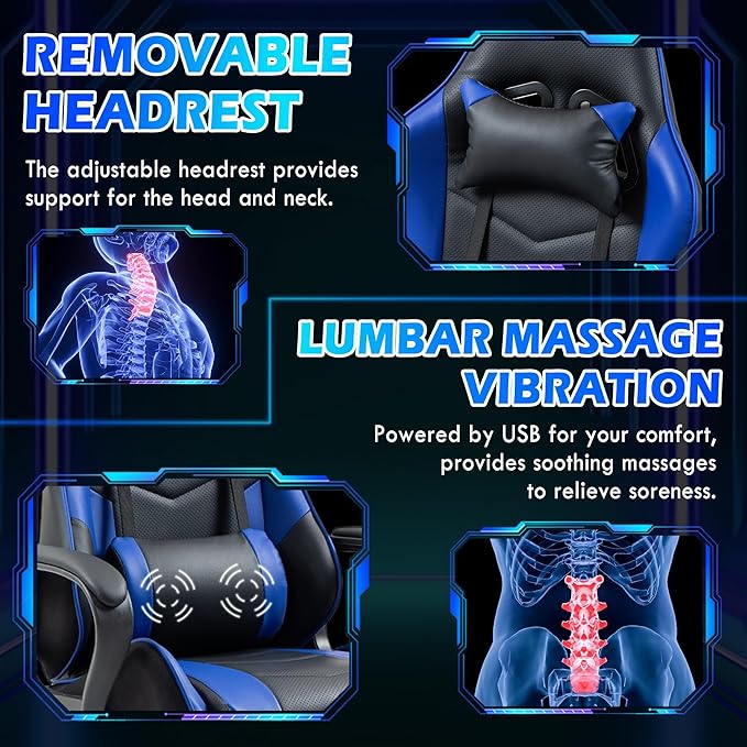 ECOTOUGE Gaming Chair Ergonomic Video Game Chair with Massage Lumbar Support &amp Rocking High Back 360° Swivel Computer Gamer Chair for Gaming or Office Height Adjustable Blue
