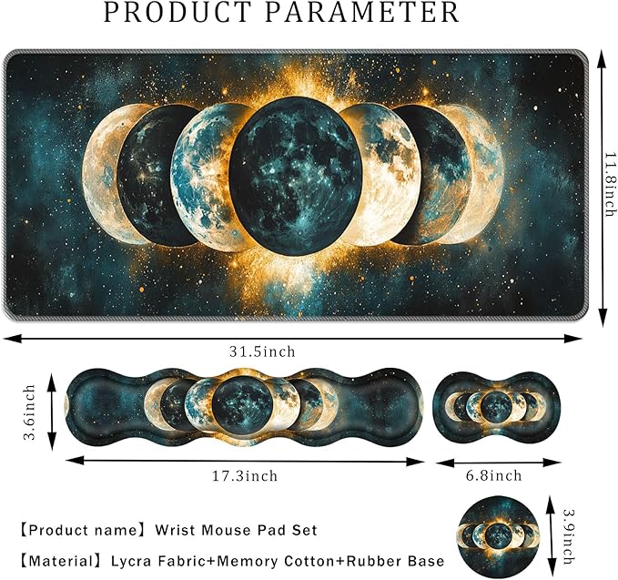 Keyboard Wrist Rest SetMemory Foam Wrist Support Mouse Pad31.5x11.8 Desk Mat for Comfortable Typing &amp Pain ReliefNon-Slip Base for Office &amp Home Use - Moon Phases