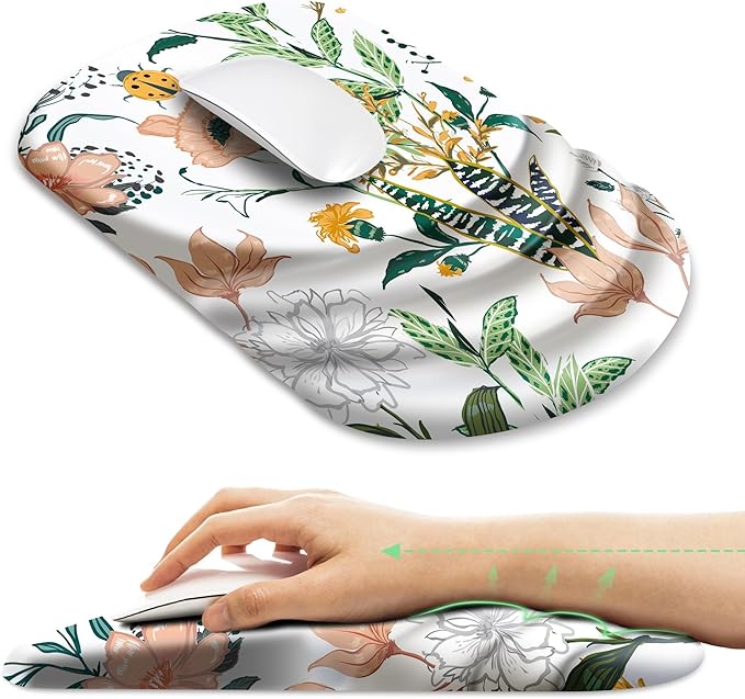 Ergonomic Mouse Pad with Wrist Rest SupportNon-Slip PU BaseMassage for Carpal Tunnel Pain ReliefMemory Foam Mousepad for HomeOfficeWork（Creamy Beautiful Floral）