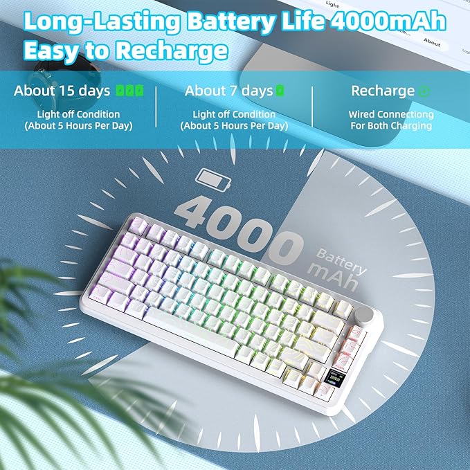 ATTACK SHARK X85PRO 75% Wireless Mechanical KeyboardTFT Smart Display &amp KnobBT/2.4GHz/Wired Gaming KeyboardContour Side Print Shine-through KeycapsRGBHot-Swapwith Pro Cable for PC/MAC (Whit