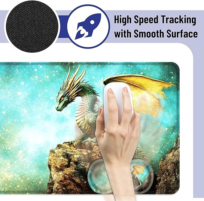 Large Mouse Pad and Keyboard Wrist Rest Desk Pad for Keyboard and Mouse 4-in-1 Large Gaming Mouse Pad with Wrist Support Desk Mat for Home Office Study GameCute Green Dragon