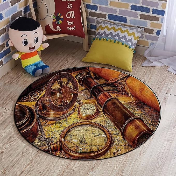 Nautical Office Home Chair Mat Gaming Computer Rolling Chair Mats Magnifying Glass Compass Telescope Old Map Round Chair Cushion Non-Slip Low-Pile Hardwood Floor Mats Antique Decor Diameter 36 in