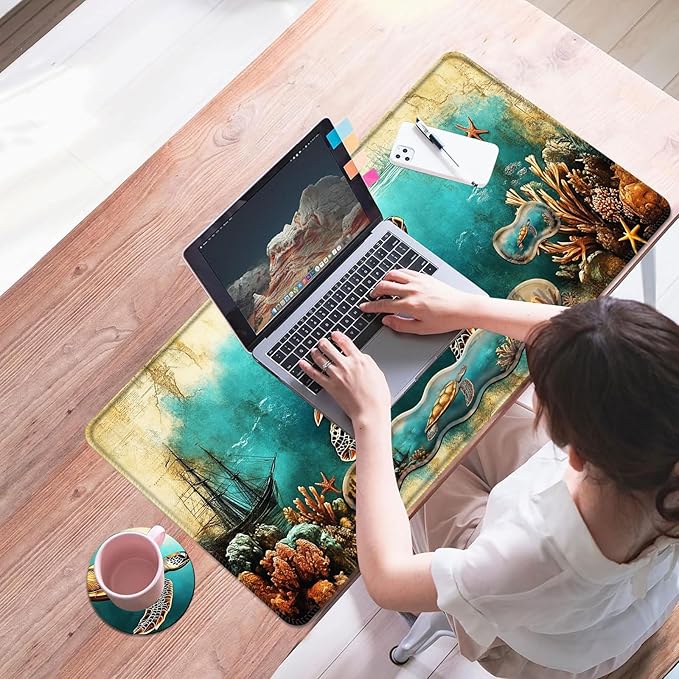 Mouse PadLarge Desk Mat Set 4in1 XL Mousepad + Keyboard Wrist Rest+Mouse Wrist Rest+Coaster with Ergonomic Desk Pad for Home Office Table Computer Cover -Sea Turtle with Coral and Ship