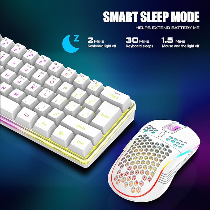 RedThunder 60% Wireless Gaming Keyboard and Mouse Combo 2500mAh Rechargeable Battery Ultra-Compact Small RGB Mechanical Feel Keyboard Lightweight Honeycomb Optical Mouse for Gaming/Business White