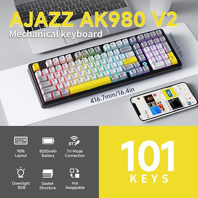 NACODEX Ajazz AK980 Grey Yellow Wireless Mechanical Gaming KeyboardTri-Mode BT5.0/2.4GHz/USB-C Hot Swappable Custom Keyboard RGB Backlit Computer Gaming Keyboards for PC/Tablet/PS/Xbox