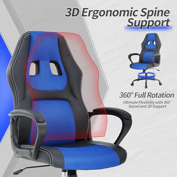 Office Chair Ergonomic Gaming Chair High Back Computer Desk Chair with Lumbar Support Adjustable PU Leather Gamer Chair Comfortable Racing Style for Adults Teens Kids (Classic Version Blue)