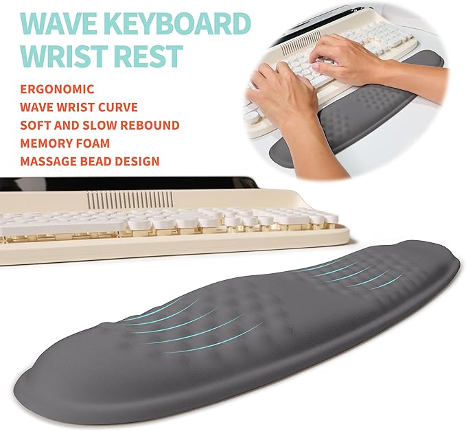 2-in-1 Ergonomic Set Wave Rise Keyboard Wrist Rest and Massage Bulge Slope Mouse Pad Wrist Support Cushion Memory Foam Integrated to Relieve Wrist Pain Deep Gray