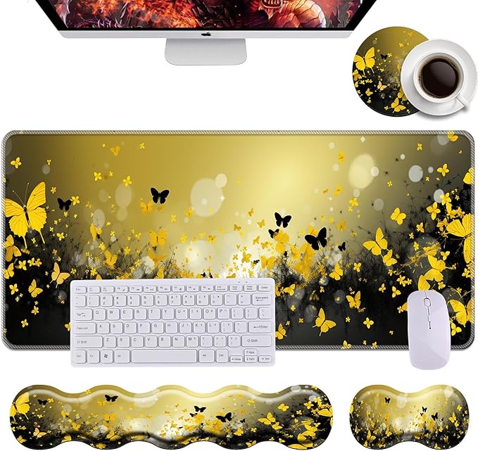Keyboard Wrist Rest+Mouse Wrist Pad+Desk Pad SetMemory Foam Ergonomic Easy Typing Pain Relief for Computer Laptop Office Home - Flowers and Butterflies
