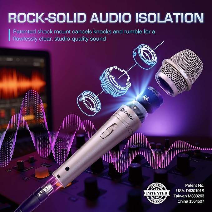 CAROL E dur-916S Golden XLR Wired Vocal Microphone for Singing – Dynamic Supercardioid Mic with Dual Shock Mount System for Karaoke Stage &amp Public Speaking Includes Mic 14.8ft XLR Cable &amp S