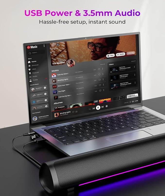 Computer Speakers for Desktop PC Gaming PC Sound Bar Plug and Play - USB Power with 3.5mm Audio RGB Gradient Lighting One-knob Control for Computers/Laptops/Monitors
