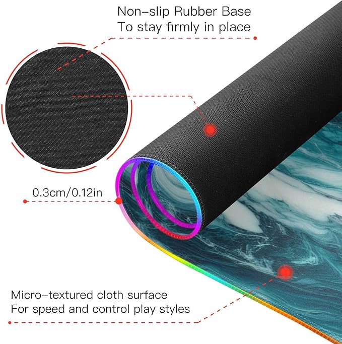 Turquoise Blue Marble Gaming Mouse Pad Led Mousepads RGB Backlit with 14 Lighting Modes Non Slip Base Soft Computer Keyboard Mat for Gaming PC Laptop Desk S