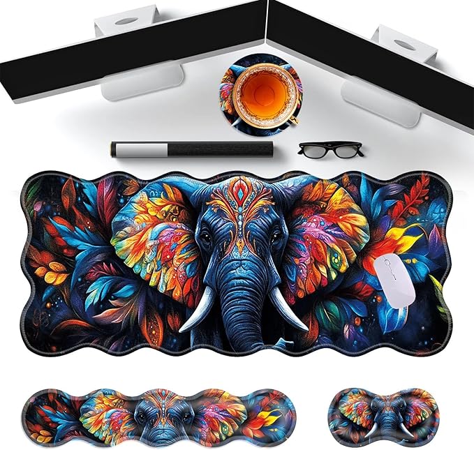 Large Gaming Mouse Pad Keyboard Wrist Rest Pad &amp Wrist Support Mousepad Set Stitched Edge Extended Non-Slip Base Memory Foam Desk Mat for Office HomeCute Colorful Elephant