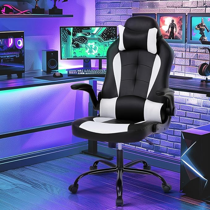 PC Gaming Chair - Ergonomic PC Office Chair w/Adjustable Lumbar Support &amp Headrest High Back PU Leather Computer Desk Chair for Adults (350lbs Capacity) (White)