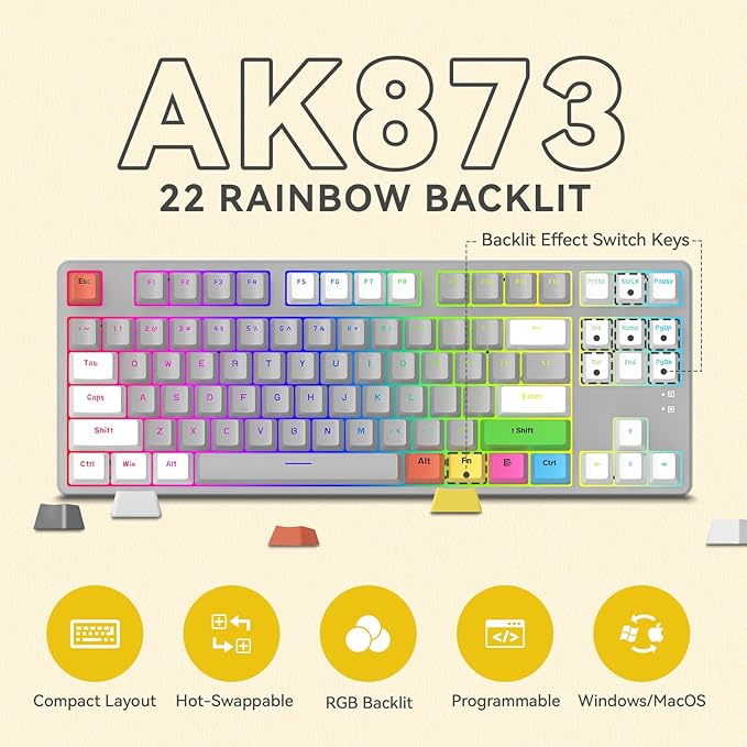MAGIC-REFINER AK873 75% Wired Mechanical Gaming Keyboard with red SwitchHot-Swappable Keyboard with 8Pcs DIY Sublimation Color keycapsMixed Rainbow LED Backlit for PC Xbox PS4Mac (White Grey)